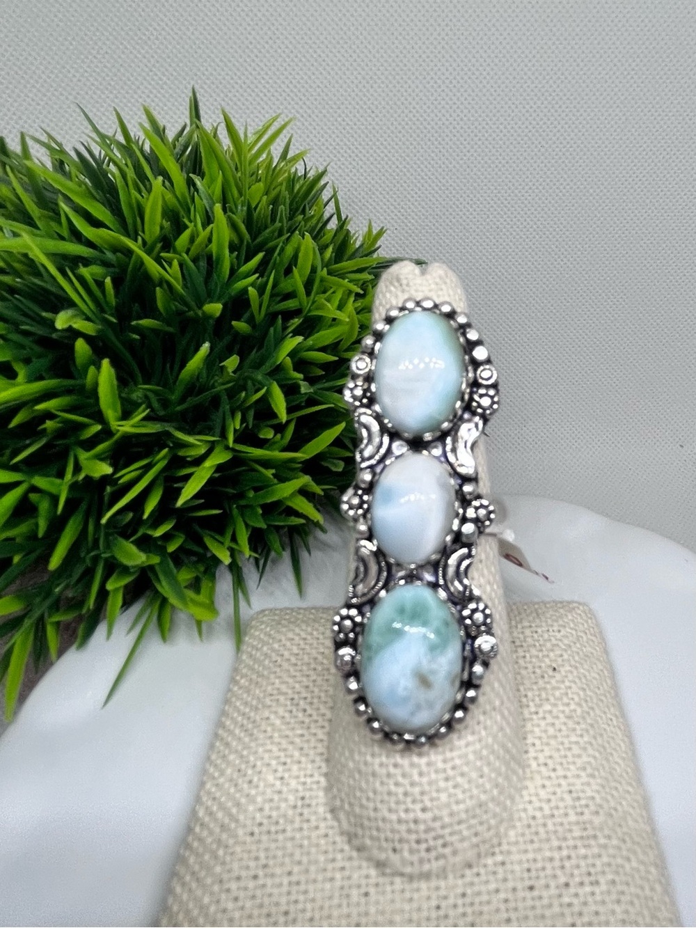 Three-Stone Blue Larimar Caribbean Gemstone Sterling Silver Women's Ring